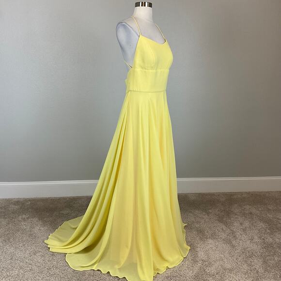 Avery G Backless Chiffon Evening Gown Yellow Size 8 Thigh Slit Long Formal Dress - Picture 3 of 10